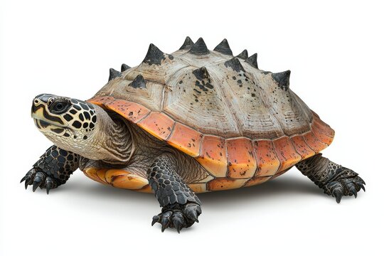 A detailed close-up of a majestic turtle showcasing its unique shell and intricate patterns on its skin.