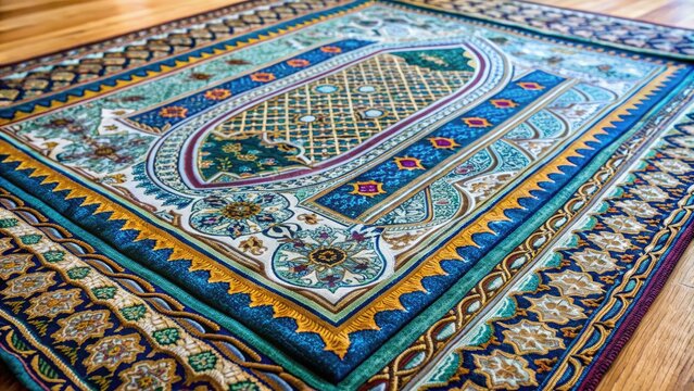 A intricately patterned prayer mat with soft, vibrant colors and subtle Arabic calligraphy lies unfolded on a serene, natural background, inviting devotion.