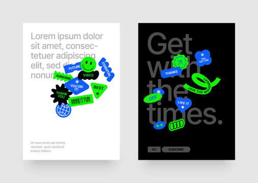 Layout template with geometric shapes and y2k patches, labels, tags, stickers for flyer, poster, cover, brochure or banner. 