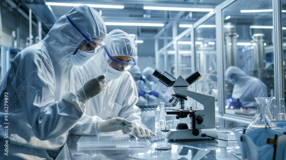 Poster Two scientists clad in white lab suits work intently in a state-of-the-art laboratory, meticulously examining samples under a microscope and discussing their findings