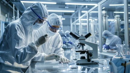 Two scientists clad in white lab suits work intently in a state-of-the-art laboratory, meticulously examining samples under a microscope and discussing their findings
