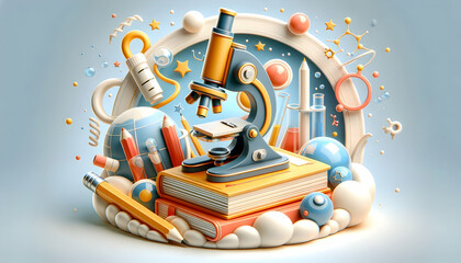 3D Flat Icon of School Supplies with Microscope and Science Book Concept for Scientific Discovery and Learning on Isolated White Background