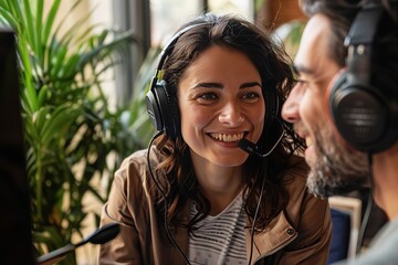 Woman And Man With Headphones Smiling While Working From Home, Video Conference, Video Call