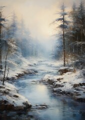 Snow-covered forest scene with a peaceful, icy river reflecting the morning light, ideal for nature, winter travel, and serenity-themed content,