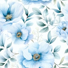 Obraz premium Elegant watercolor painting of soft blue flowers with delicate green leaves, perfect for use in spring or wedding invitations, stationery, backgrounds, and home decor,