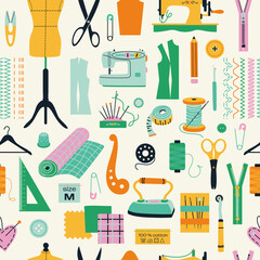 Seamless pattern of sewing tools icons tailor hand made workshop