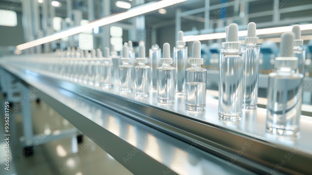Poster A series of sleek, clear dropper bottles sit neatly on a conveyor in a state-of-the-art lab. This environment emphasizes precision and innovation in product creation