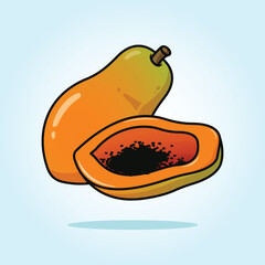 Fresh whole and slice ripe papaya fruit vector cartoon illustration
