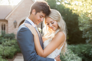Fototapeta premium A young couple embraces outdoors, sharing a tender moment. The groom in a grey suit and the bride in a white lace dress, their foreheads touching gently, surrounded by soft, natural light.