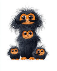 Fototapeta premium A playful family of furry creatures with big eyes, perfect for children's graphics and illustrations. Cute and colorful design.