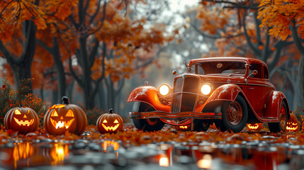 retro car decorated with halloween attributes. pumpkins, jack-o-lanterns, bats. horizontal banner
