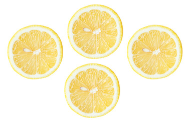 Top view set of fresh yellow lemon fruits in halves isolated on white background with clipping path