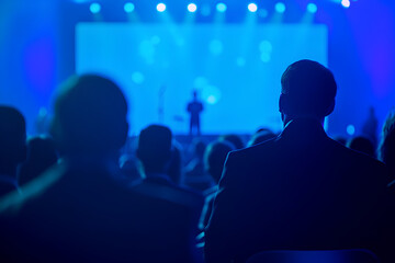 The speaker stands on the stage and delivers an elegant speech,The camera captures the back view of people sitting below watching the show,