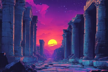 Fototapeta premium Ancient Ruins at Sunset with a Starry Sky