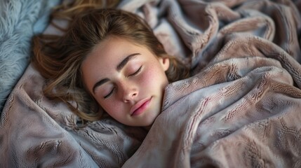 Nestled beneath a warm, plush blanket, a young woman enjoys a tranquil slumber, her serene expression illuminated by gentle morning light filtering in