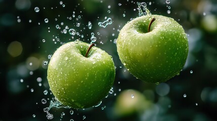 Two green apples are being sprayed with water by a hose, AI