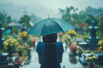 Woman with Umbrella Visiting Grave in Rain, Contemplation and Remembrance at Cemetery