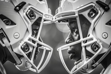 Obraz premium American Football Captains Close-Up, Face Mask Reflection, Black And White Sports Photography