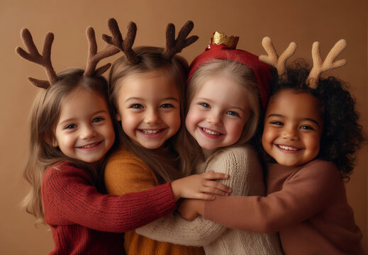 Crian&ccedil;as de diferentes ra&ccedil;as e nacionalidades se abra&ccedil;am, sorrindo contra um fundo bege com chifres de rena na cabe&ccedil;a