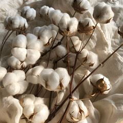 A cluster of white cotton blossoms on a white fabric, showcasing delicate petals and twigs of the flowering plant in a beautiful closeup shot