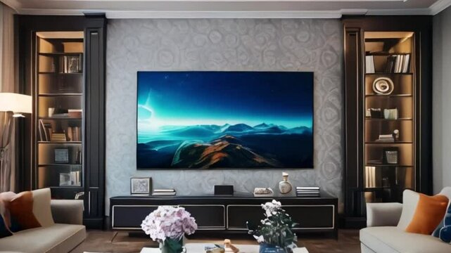 Modern minimalist interior, Elegant living room with big tv screen mounted on textured wall created with generative ai