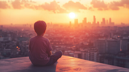 A boy sits on a ledge, the city sprawled out before him, the setting sun casting a warm glow over the urban landscape. Ai generated