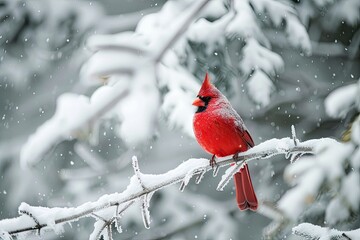 Christmas card with a snowy forest scene and a red cardinal perched on a frosted branch