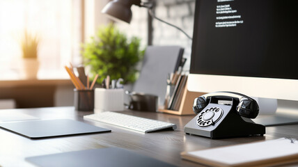 A close-up of a stylish office desk with a classic rotary telephone, a computer monitor, and office supplies, highlighting the theme of communication in a modern work environment. Ai generated
