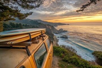 Fototapeta premium Van parked at a cliffside overlooking the ocean, with surfboards attached to the roof, with copy space. Warm sunset lighting. Expansive ocean view