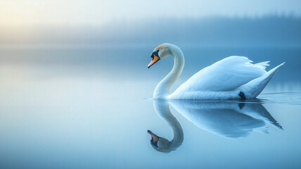 Fototapeta premium A majestic white swan gliding gracefully across the calm water, its reflection mirrored perfectly. Ai generated