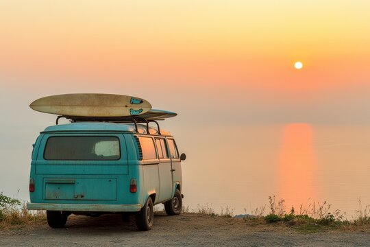 Van parked at a cliffside overlooking the ocean, with surfboards attached to the roof, with copy space. Warm sunset lighting. Expansive ocean view