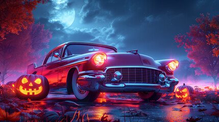 retro car decorated with halloween attributes. pumpkins, jack-o-lanterns, bats. horizontal banner