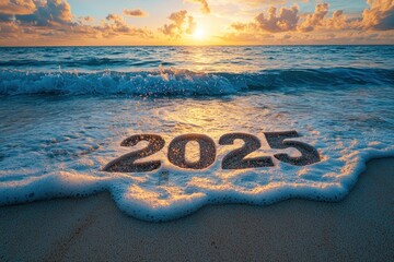 A high-resolution image of a beach at sunset, with the year 2025 written in the sand. The waves are gently washing over the numbers, symbolizing the passing of time and the start of a new chapter.