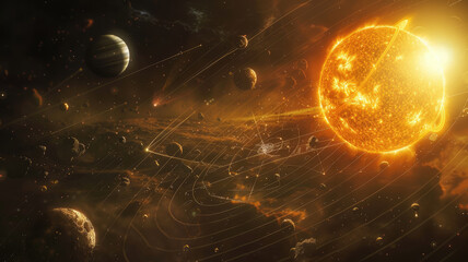 The Solar System's orbit with planets aligned in a rare celestial event, illustrating the concept of a planetary parade. A stunning visualization of cosmic order and harmony.