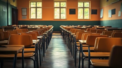 Empty high school classroom with nostalgic vintage tones