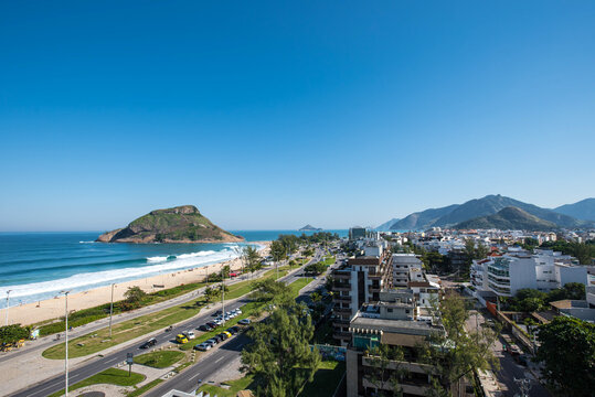 Aerial View of Pedra do Pontal and Beachfront in Recreio dos Bandeirantes - Rio de Janeiro, Brazil