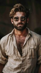 Fototapeta premium A man with a stylish beard and sunglasses stands confidently in a relaxed posture, showcasing his casual yet fashionable look on a sunny day