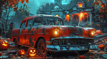 old spooky car in a dark forest. pumpkins, jack-o-lanterns, bats. Halloween horizontal banner