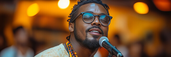 dark male singing joyfully singer blurred lights yellow, orange, brown, black