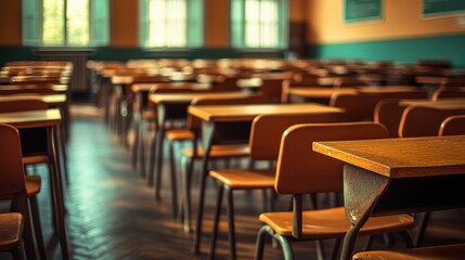 Empty high school classroom with nostalgic vintage tones