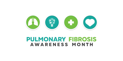 Pulmonary Fibrosis Awareness Month. Lung disorder, plus icon and heart. Great for cards, banners, posters, social media and more. White background.