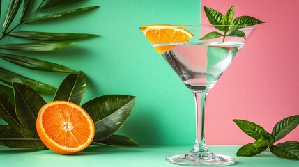 Fototapeta premium A close-up of an orange slice in a glass of water on a table next to a potted plant