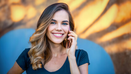 Positive smiling woman with long hair having a phone call