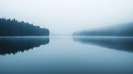 Tranquil lake reflecting the muted colors of a foggy morning, the water blending seamlessly with the misty sky. Ai generated
