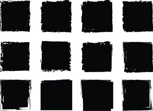 Brush stroke, ink paint brush, grunge box. Black square shapes with ripped jagged borders. Vintage grunge boxes for collage, text, banner, and sticker design.