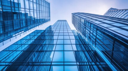 Fototapeta premium Blue glass skyscrapers, modern business center architecture background