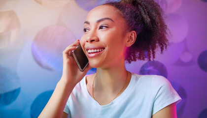 Young woman with smartphone is happy having a good conversation