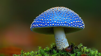   Close-up of blue mushroom with white dots on cap on mossy surface