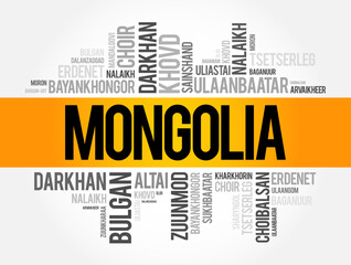 List of cities and towns in Mongolia, word cloud collage, business and travel concept background