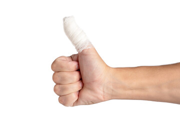 Hand with bandaged thumb raised on white background. Concept positivity.